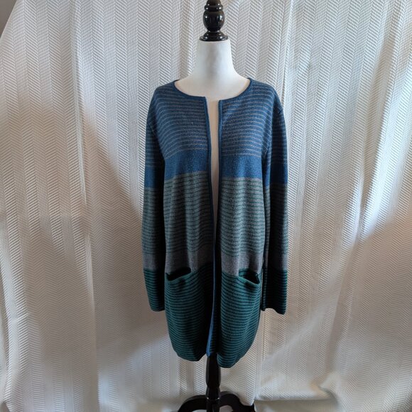 Talbots 100% Merino Wool Striped Open Long Line Cardigan Size L Duster - Picture 1 of 9